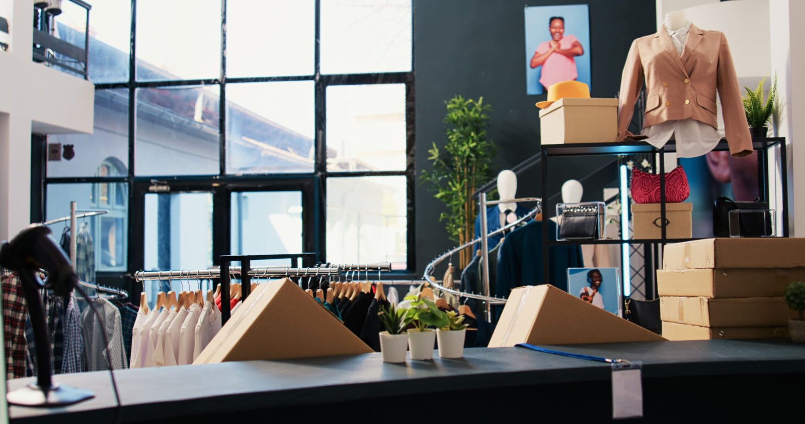 empty modern boutique filled with trendy clothes retail shop with fashionable merchandise hangers racks clothing store equipped with trendy accessories shopping mall fashion concept scaled Home